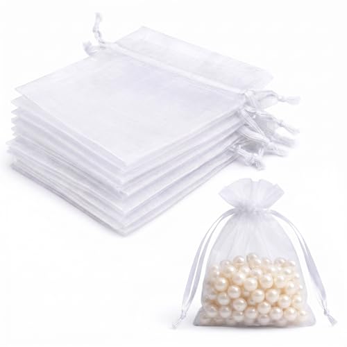 20Pcs Organza Gift Pouches 10x15CM Clear Mesh Drawstring Pouches Organza Gift Bags for Wedding Favours Party Festival Candy and Game Favour Bags - White