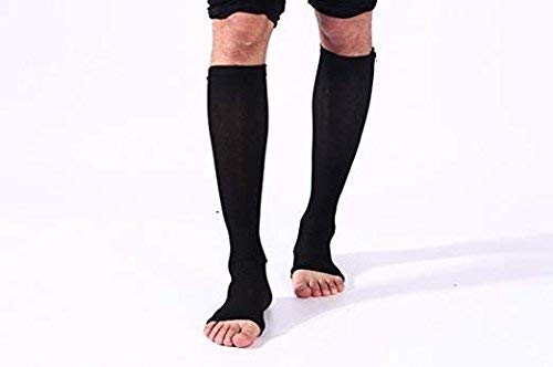 (2 Pairs) Compression Socks, New Compression Zip Sox Socks Stretchy Zipper Leg Support Unisex Open Toe Knee Stockings (Black, L/XL)