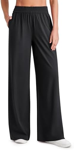 G4Free Wide Leg Casual Pants Women Petite Lightweight Travel Pants Quick Dry Elastic Waist Pants Beach Vacation Clothes (Black,M,27")