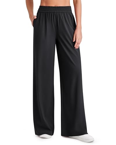 G4Free Wide Leg Pants Women Stretchy Waist Work Pants with Pockets Daily Wear Summer Trousers(Black,XL,27