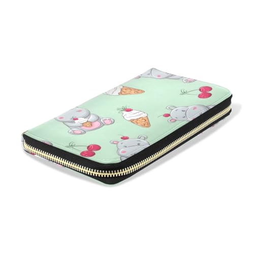 Long Wallets Leather Bifold Wallet for Women Ice Cream Cherry Hippo with Zipper Credit Card Holder Large Capacity4