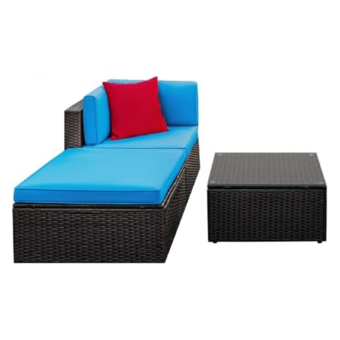 Rankok 3 Pieces Patio Furniture Set Outdoor Sectional Sofa with Glass Coffee Table, Washable and Thickened Blue Cushions Outdoor PE Wicker Rattan Furniture Set for Backyard, Lawn, Balcony, Poolside Cover