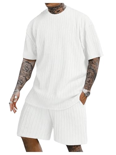 GORGLITTER Men's Vacation Beach Outfits Textured Short Sleeve Tee and Shorts Sets Tracksuit