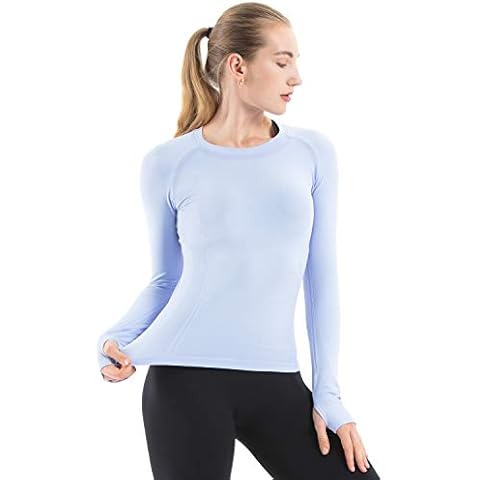 MathCat Sports shirt for women long sleeve seamless running shirt workout functional shirt yoga top slim fit with thumb hole, blue, XS Cover