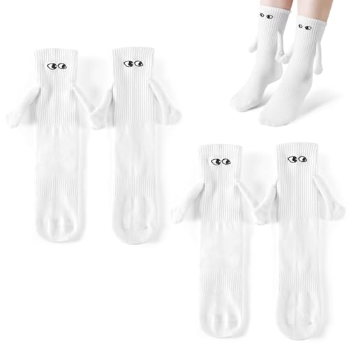 PRAOAHEI Magnetische Socken mit Händen Hand in Hand mit Magnetarmen Lustige Alberne Geschenke für Freunde Herren Familie Freundin Freund Liebende Paar (Weiß 35-41 2 Paar)