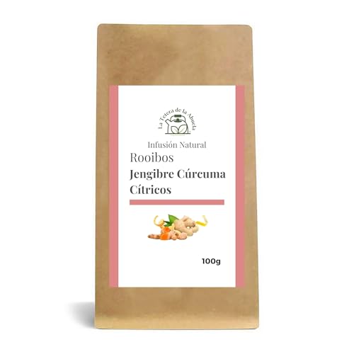 Rooibos Jengibre Cúrcuma y Cítricos 100g – Infusión Drenante y Digestiva con Lima y Piel de Naranja – Antioxidante y Saciadora – La Tetera de la Abuela