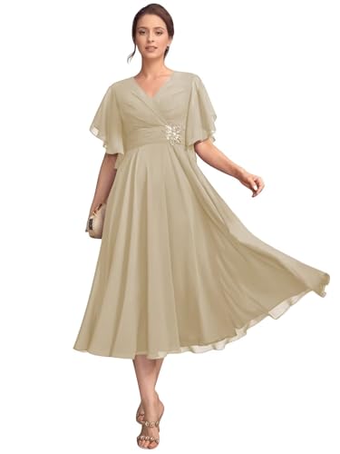 RunaCelle Flutter Sleeve Chiffon Mother of The Bride Dresses for Women Wedding Guest Dress V Neck Tea Length Formal Gown