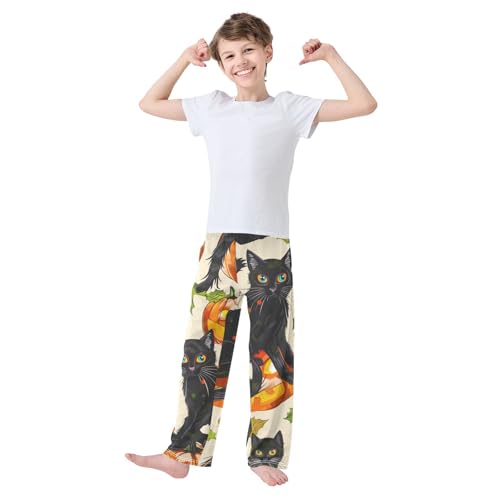 Cat Evil Pumpkin Boys Long Pants Soft Trousers Elastic Waist Kids Lounge Bottoms with Pockets S-XL2