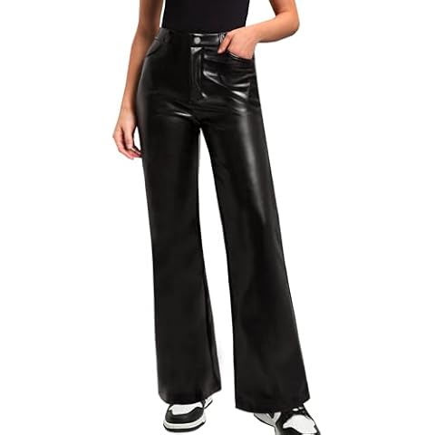 OZICERD Black Faux Leather Pants for Women High Waisted Flare Leggings Straight Wide Leg Pleather Pants with Pockets S Cover