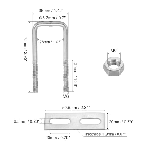Image of PATIKIL M6x25x75mm Square U-Bolts Kit, 2Set 304 Stainless Steel Square U Shaped Bolts Replacement Parts with Frame Plates and Nuts for Ski Board Sailboat Trailer