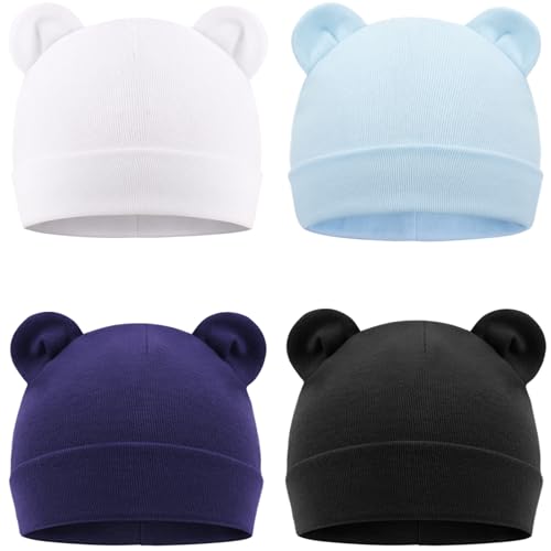 Image of DRESHOW BQUBO 4 Pieces Baby Beanie Newborn Toddler Cute Bear Ears Knit Hat Hospital Hats for Baby Boys Girls