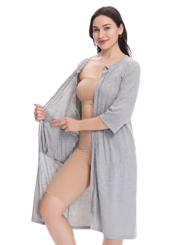 Image of Women's Post Surgery Robe with Drain Pockets Mastectomy Recovery Robe Front Zipper Hospital Gown Pajamas Gift