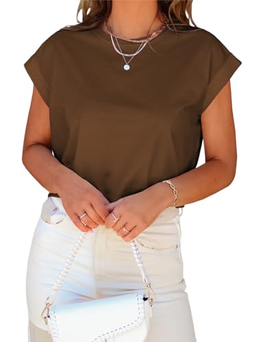 Image of Tankaneo Womens Short Sleeve Cropped T-Shirts Summer Rolled Dolman Sleeve Crop Tops Casual Round Neck Solid Short Basic Tees