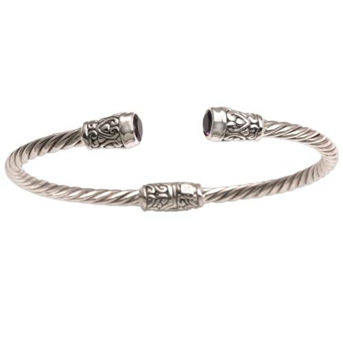 NOVICA Artisan Handmade Amethyst Cuff Bracelet Sterling Silver from Bali Purple Indonesia Birthstone [6 in L (end to End) x 0.2 in W] ' Spiral Temple'4
