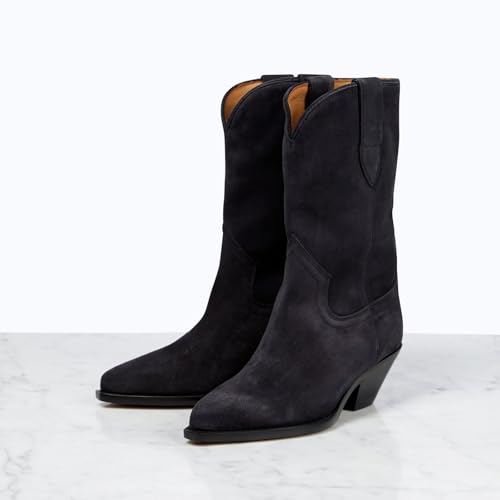 anteikira Women's Pointed Toe Fashion Pull On Mid Calf Boots Chunky Block Heel Western Boots Faux Suede Low Heel Cowgirl Boots Size 5.5-12US3