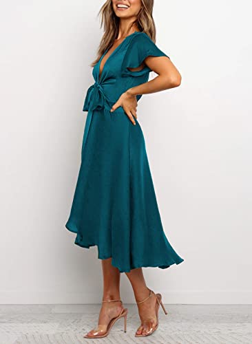 miduo Womens Satin V Neck Ruffle Short Sleeve Tie Front High Waist Midi A-Line Maxi Dresses4
