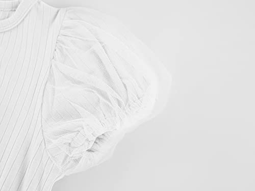 Meilidress Kids Girl's Round Neck Puff Sleeve Mesh Tops Three Flowers T-Shirt Blouse Pullover 5-12 Years #TOP7