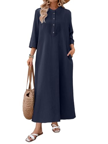 Image of Celmia Autumn Solid Loose Long Maxi Dress Cotton Caftan