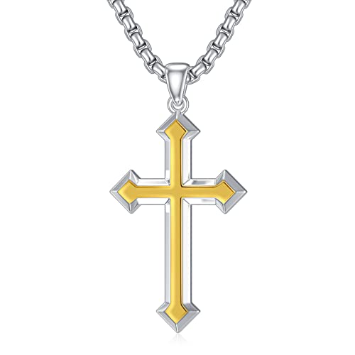 Cekama S925 Sterling Silver Gothic Cross Necklace For Men Christian Pendant With Chain Yellow Silver Layered Plated Punk Rock Jewelry Gifts For Father's Day Mother's Day Birthday Anniversary #TOP15