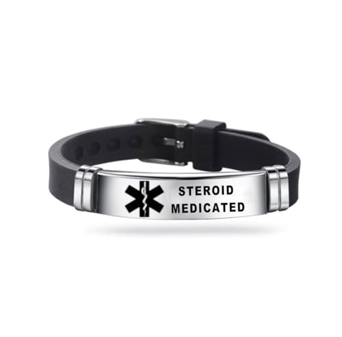 Medical ID Me - Medical Alert Silicone Bracelets Emergency Medical Awareness Epilepsy Diabetes COPD Blood Thinner Men Women Stainless Steel Adjustable (Steroid Medica)