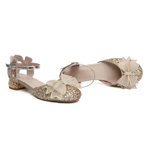 Girls Sparkle Dance Shoes Dress Pumps Glitter Sequins Princess Low Heels Bows Mary Jane Party Dance Shoes Rhinestone Sandals, Model DS-24644