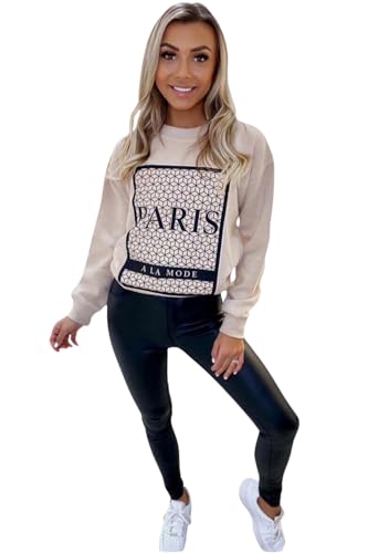 Image of STAR FASHION Women's Long Sleeve Paris Print Baggy Sweatshirt Round Neck Pullover Jumper Slogan Printed Design Casual Top-Beige-12-14