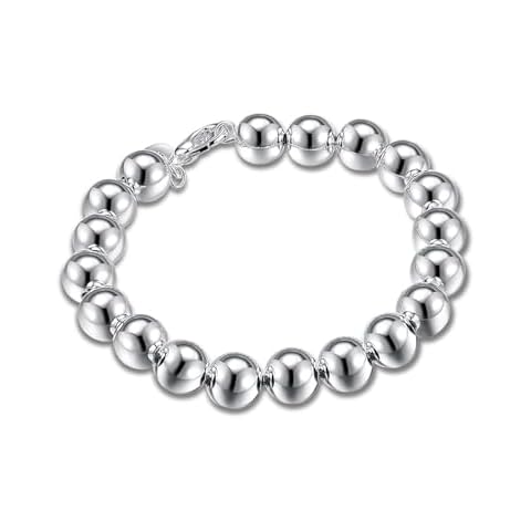 PMANY [Mother's Day Special] 925 Sterling Silver Plated Round Beads Chain Bracelet Bangle (10mm) Cover