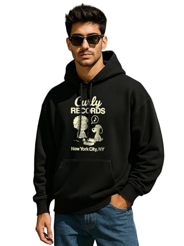 Image of Veirdo Polycotton Spun Oversized Fit Hooded Sweatshirt Full Sleeves Front Chest Graphic Printed Drop Shoulder Jumper Hoodie for Men (Colors: Blue, Black, Gray, Smoke Pine & Peach)