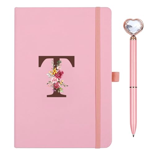 Diario de Viaje con inicial Cuaderno de Cuero con Bolígrafo de Diamante de Corazón, Diario Personal para Hija Niña Mujeres Amigas Profesores Cumpleaños Graduación Día de la Madre Rosa (T)