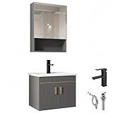 Dimensioni: Armadietto per bagno: lunghezza 49 cm, profondità 35,8 cm, altezza 40 cm / Armadietto con specchio: lunghezza 45 cm, profondità 14 cm, altezza 60 cm / Lavandino: lunghezza 51 cm, larghezza 36,5 cm, profondità 21 cm.