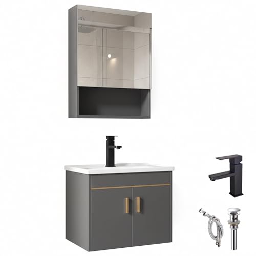 Dimensioni: Armadietto per bagno: lunghezza 49 cm, profondità 35,8 cm, altezza 40 cm / Armadietto con specchio: lunghezza 45 cm, profondità 14 cm, altezza 60 cm / Lavandino: lunghezza 51 cm, larghezza 36,5 cm, profondità 21 cm.