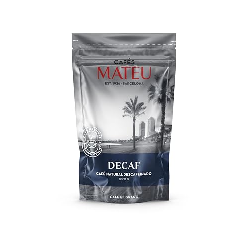 Café Descafeinado 1KG Grano | CAFÉS MATEU | 1 bolsa de 1 KG | Café sin cafeína | Empaquetado a mano | Tueste artesanal