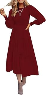 Women's Casual Dress Flutter Short & Long Sleeve Crew Neck Smocked Elastic Waist Tiered Midi Dress
