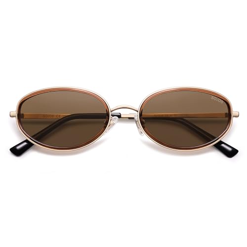SOJOS Trendy Oval Round Polarized Sunglasses for Women Men, Chic Retro Narrow Circle Sunnies SJ1248 Brown/Brown