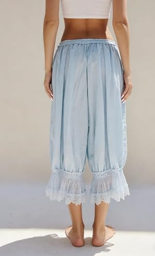 Image of NUFIWI Women Ruffle Long Bloomer Y2k Lace Trim Pettipants Pantaloons Mid Rise Cropped Pajama Pants Under Dress Slips