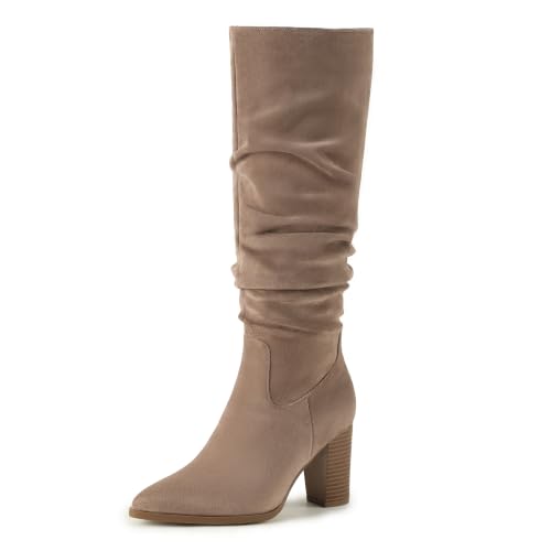 IDIFU Women's Knee High Slouchy Boots Tall Block Booties(Taupesuede, 8) | Pointed toe Chunky Stacked Heel Pull On Boot Side Zipper Comfortable Fashion Long Fall Winter Party Concert Boots