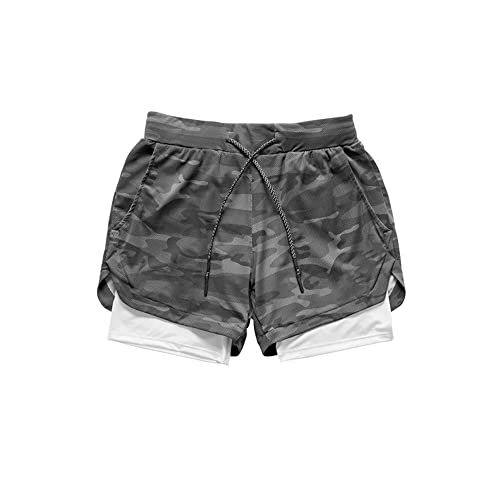 Jueshanzj Men's Double-Layer Breathable Jogging Shorts Sports Casual Outdoor Solid Color Fitness Pants Grey Camouflage XL