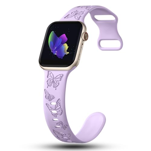 Image of Butterfly Engraved Bands Compatible with Apple Watch Band 41mm 40mm 38mm 49mm 46mm 49mm 46mm 45mm 44mm 42mm Women, Silicone Sport Strap for iWatch Series SE 10 9 8 7 6 5 4 3 2 1 SE Ultra