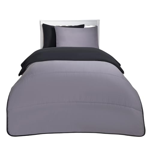 OHS Coverless Duvet Single 10.5 Tog, Microfibre Washable Reversible Quilted Travel Duvet, Black/Grey