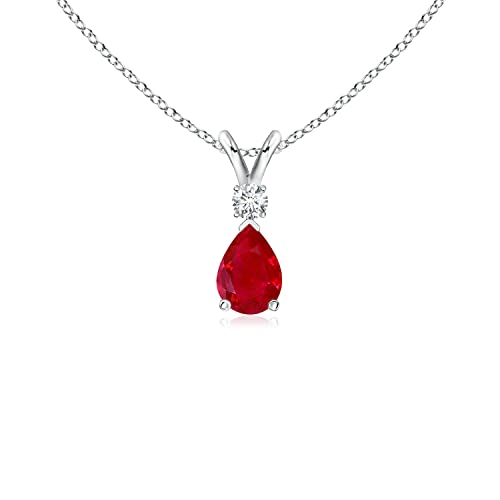 Angara Natural Ruby Solitaire Pendant for Women | Prong-Set Ruby Teardrop V-Bale Pendant with Diamond in 14K Solid Gold/Silver/Platinum | July Birthday, Anniversary, Gemstone Jewellery Gift