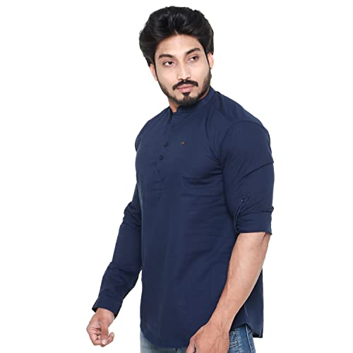 Image of Men's Linen Chinese Collar Full Sleeve Plus Size Short Kurta
