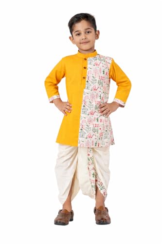 Image of Kids Ethnic Wear - Stylish Half Printed & Vibrant Color Pure Cotton Kurta with Elastic Waist Dhoti Set for Boys
