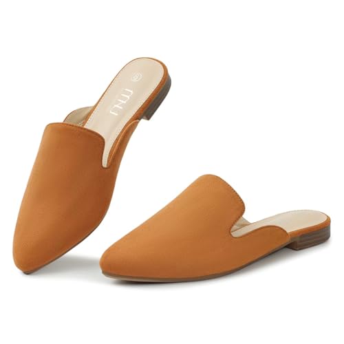 MUSSHOE All-Season Women's Mules:Pointed Toe Backless Loafers:Slip-on Dressy Comfortable Casual Office Business Flat Shoes for Working Women Aged 25-45,Brown Suede 8