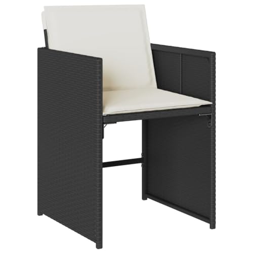 Image of 7 Piece Outdoor Dining Set with 6 Black and Cream White Chairs, Foldable Poly Rattan Furniture and Powder-Coated Steel Table for Patio Garden Terrace, Weather-Resistant