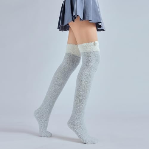 Image of Thigh High Fuzzy Socks Cute Animal Coral Fleece Over the Knee Thigh High Long Stockings Warm Stripe