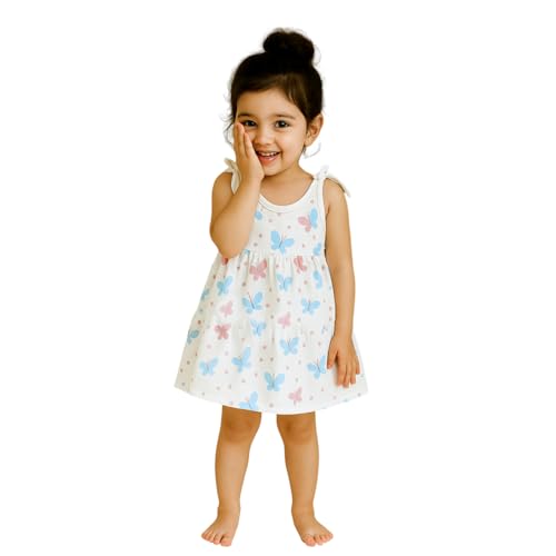 Image of Kidbea Organic Cotton Baby Girl Dresses | Muslin Frock for Girls | Soft Breathable Cute Printed Summer Wear Clothes with Tie-Up Shoulders