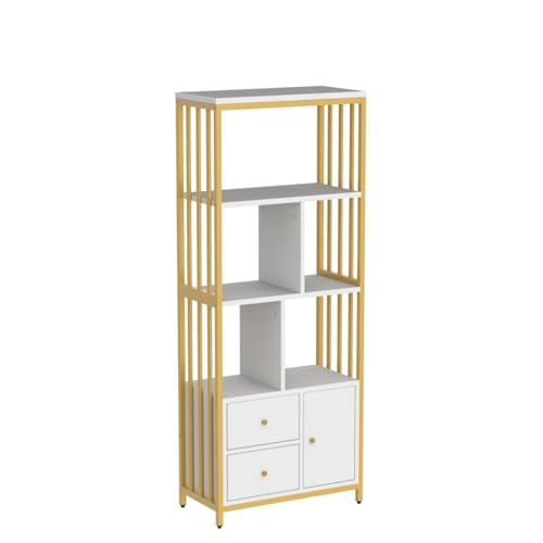 Amyove Gold Bookshelf with Drawers Modern Bookcase Storage Rack Shelf Tall Standing Bookshelves Metal Frame Large Display Racks Book Shelf for Bedroom, Living Room, Home Office, White/Gold