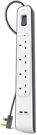 Belkin Extension Lead with USB Slots x 2 (2.4 A Shared), 4 Way/4 Plug Extension, 2m Surge Protected Power Strip - White