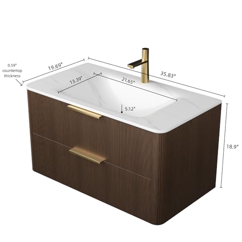 Image of 36 inch Wall-Mounted Bathroom Vanity Cabinet with Sink, Walnut | Integrated Basin Sink, Carrara White Sintered Stone Basin, 2 Soft-Close Full-extension Drawers, Golden Handles, Pre-assembled