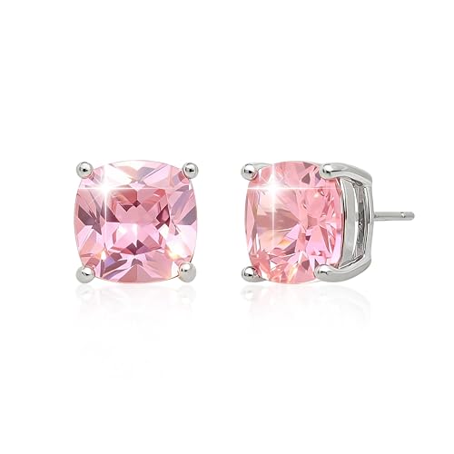 Sonateomber Silver Square Cubic Zirconia Moissanite Stud Earrings for Women, Sparkly Pink Tourmaline Rhinestone October Birthstone Earings Birthday Prom Wedding Accessories Fashion Jewelry Gift